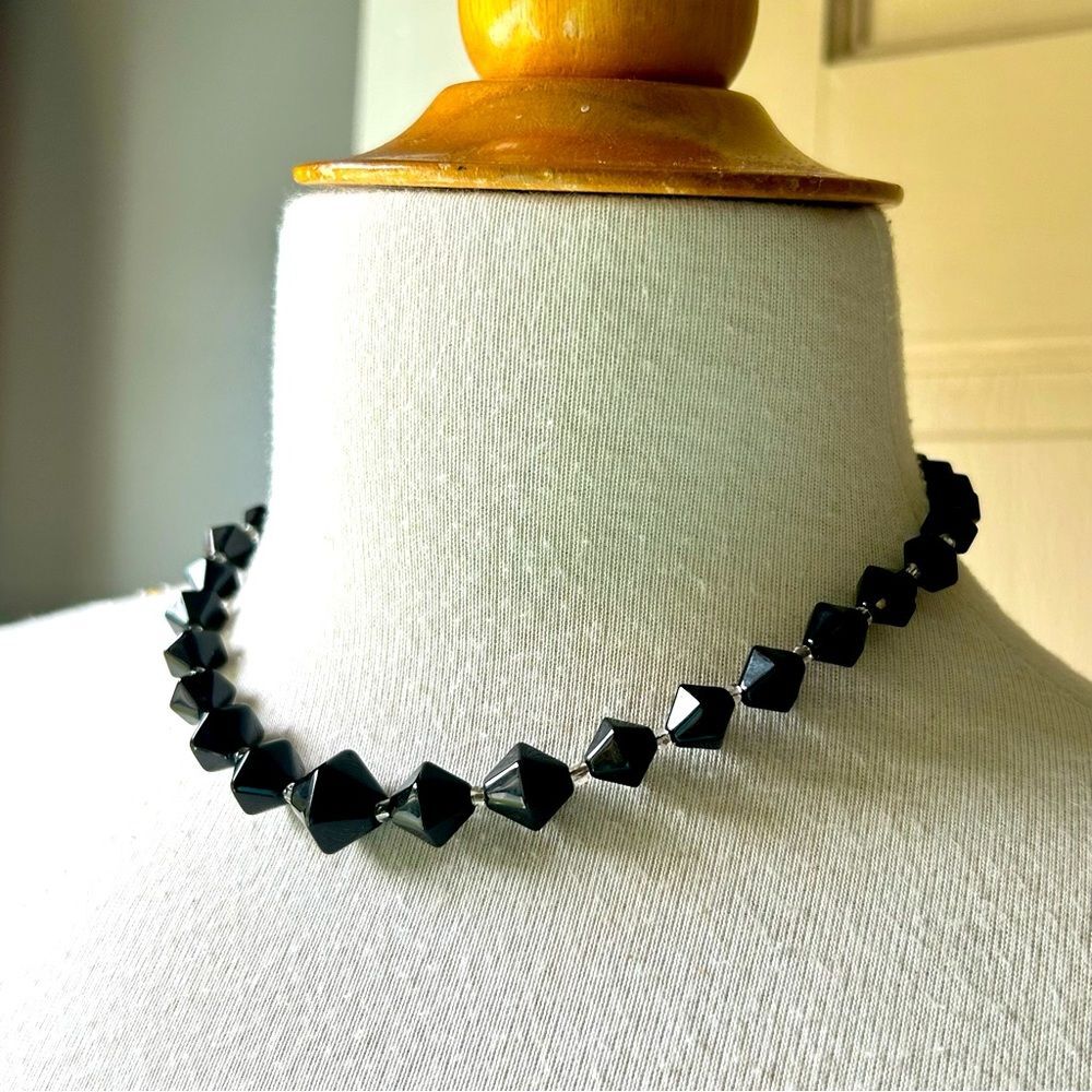 Vintage Jet Black Faceted Glass Beaded Neckace